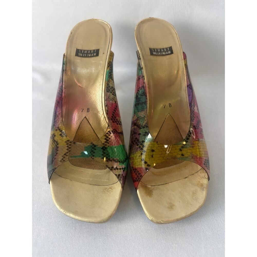 Stuart Weitzman Multicolor Snakeskin Print Gold Heel Mule Sandals Size 7B - Picture 2 of 9